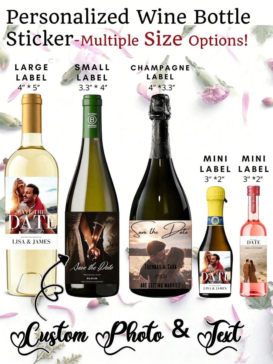Customizable Photo And Text Wine Bottle Stickers, Providing 4 Sizes Suitable For Different Bottle Types, Personalized Photo Wine Bottles, Personalized Photo And Text Wine Bottle Stickers, Custom Wedding Style Stickers - Multicolor - View 1