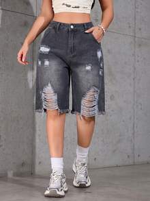Washed Ombre Distressed Loose Denim Bermuda Shorts Casual Summer - Dark Grey - View 2