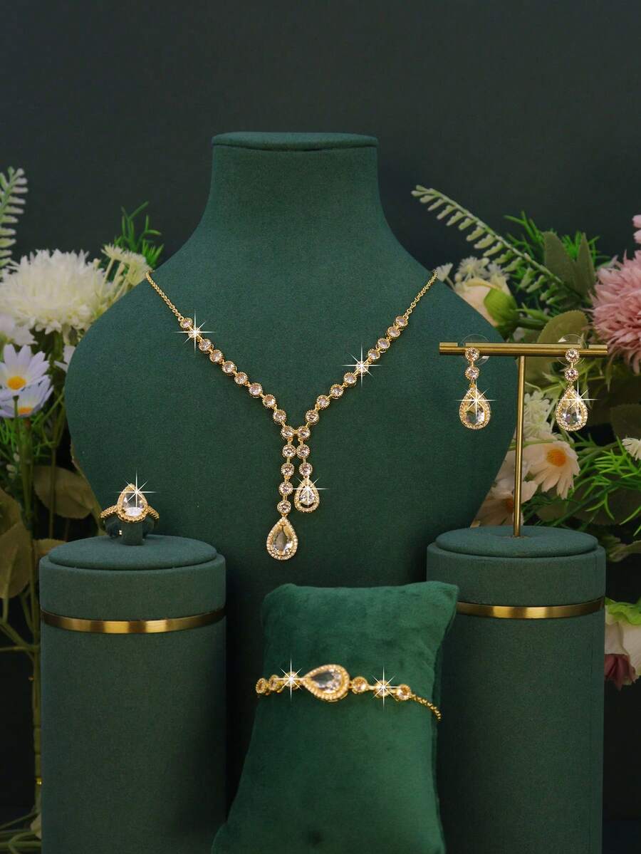 5pcs Luxury Exquisite Series Water Drop Design Bridal Wedding Set, Handmade Inlaid White Cubic Zirconia, Includes Necklace, Bracelet, Earrings, Ring, Suitable For Daily Wear And Wedding, Mother's Day Gift.