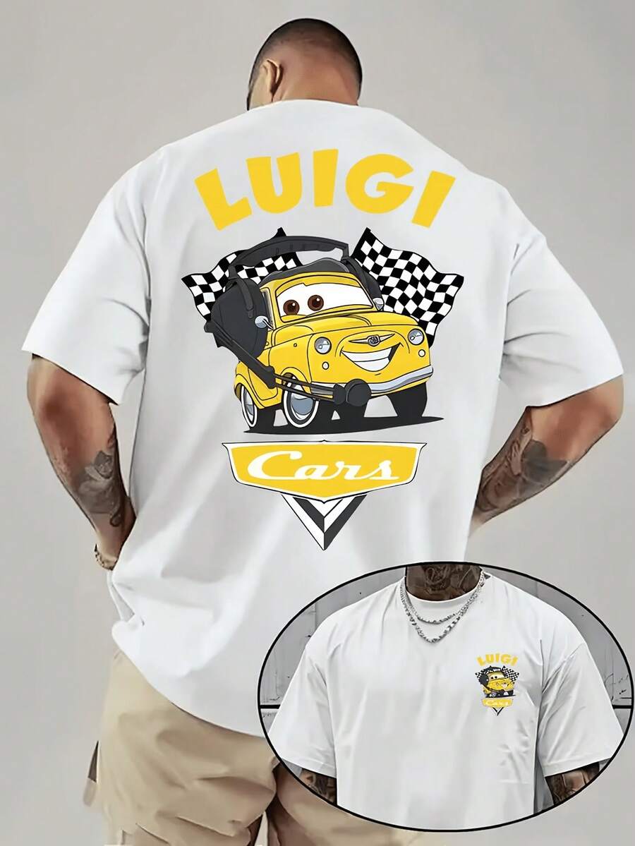 (Disney Licensed)Disney Cars Luigi Yellow Car With Headphones "LUIGI" Front And Back Print Men's Oversized Crew Neck Short Sleeve Graphic T-Shirt, Fun Racing Casual Streetwear Tee For Men Summer Daily Wear, Disney Officially Authorized Men's Short-Sleeved T-Shirts, Mens Clothes, Men, Ropa De Hombre, Summer Clothes, Men Shirts, Graphic Tees, Disney Outfits Men, Graphic Tees, Camisetas Para Hombre, Camisas Para Hombre, Summer Outfits For Men, Father's Day Gift, Perfect Gift For Family And Friends, Which Are Necessary For Birthday Parties, Disney Shirts, Mens Clothes, Summer Clothes, Officially Licensed Disney T-Shirts, Disney Men's And Women's Spring/Summer Fashion Casual Short-Sleeve T-Shirts - 白色 - 查看 1