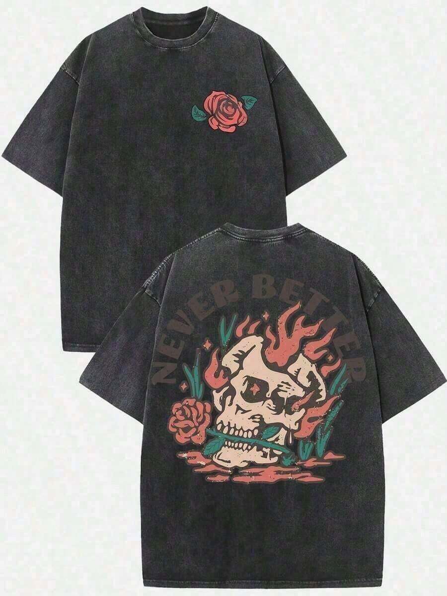 230g Vintage Washed Oversized T-Shirt, Skull Rose Flame Graphic Crew Neck Loose Casual Short Sleeve Tee - 黑色 - 查看 1
