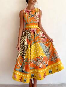 Fashionable Printed Sleeveless Round Neck Dress, Elegant Vacation Charm Party Dress, Women Summer - Multicolor - View 5