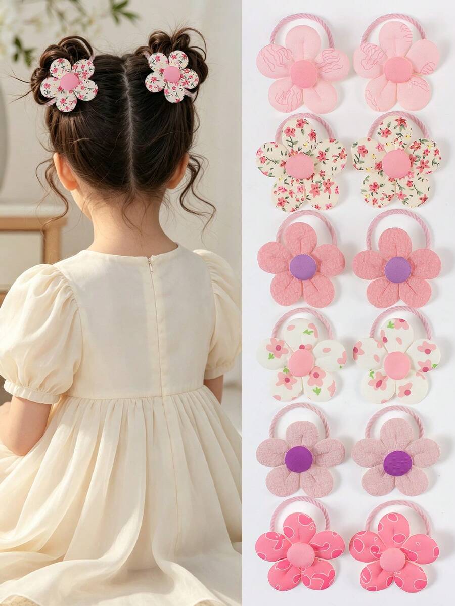 10个随机粉色花朵发圈，柔软弹力带，印有可爱五瓣花图案，不伤发，适合女孩日常使用
