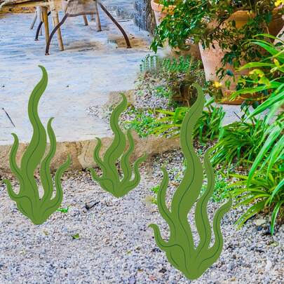 3pcs Green Iron Seaweed Garden Stakes, Farmhouse Style Ground Installation Outdoor Decor, Botanical Metal Art, Ideal For Easter, Spring & Summer Garden Yard Decoration, Garden Stake