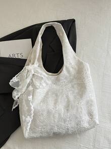 2026 New Korean Style Lace Flower Canvas Tote Bag, Large Capacity Shoulder Bag, Underarm Bag For Commuting, [Lace Flower Pattern Placement Random] - Beige - View 3