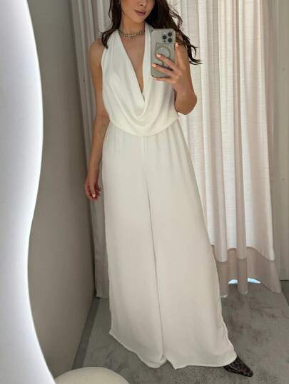 Women's Elegant White Chiffon Jumpsuit - Suitable For Office, Casual Outings, Beach Vacations, Holidays, Summer Trips, Festivals And Spring/Summer Daily Wear