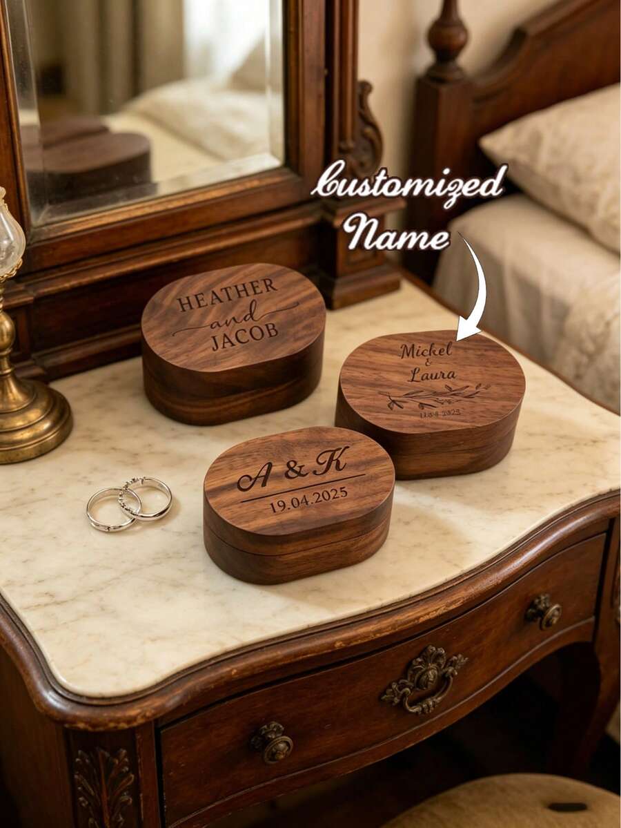 Boîte à bagues personnalisée 2 compartiments/ Boîte à bagues de fiançailles personnalisée/ Boîte à bagues en bois gravée/ Cadeau d'anniversaire pour couple/ Cadeau de porteur d'alliances de mariage - Multicolore - Voir 1