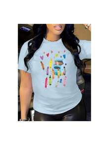 Plus Size Cotton Summer T-Shirt For Women. Unisex Size. YOCASA Women's Casual Summer T-Shirt With A Round Neck, Fitted Short Sleeves, And An Oil Painting Print Featuring Flowers, Hearts, Cherries, And Lettering. Simple And Casual Fabric, Sporty Style, Ideal For Everyday Wear And Valentine's Day Dates. 1 Pc, Pure Heavy, 95% Polyester 5% Spandex. Sweat-Wicking Material, Soft And Skin-Friendly. - 藍色 - 查看 6