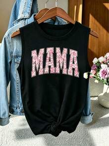 Women's Pink Floral "MAMA" Graphic Tank Top, Casual Crew Neck Sleeveless Summer Top, Cute Mom Vacation Tank Tops - 黑色4 - 查看 1