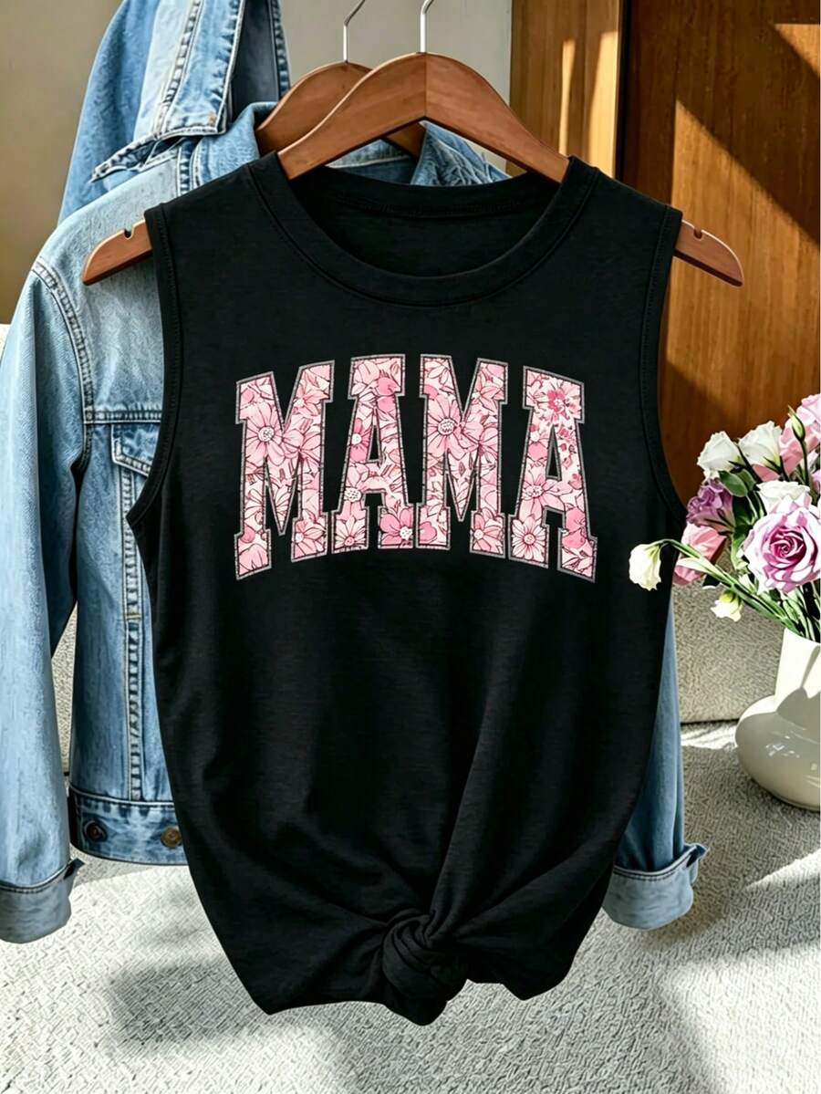 Women's Pink Floral "MAMA" Graphic Tank Top, Casual Crew Neck Sleeveless Summer Top, Cute Mom Vacation Tank Tops - 黑色4 - 查看 1
