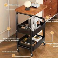 Carro de utilidad de metal de 3 niveles con ruedas trancables y superficie de madera - Diseño ahorrador de espacio para la organización de la cocina, la oficina y la habitación - Solución de almacenamiento móvil de alta calidad, carro de almacenamiento de cocina | Carro de utilidad moderno | Estructura de metal duradera, carro de utilidad para garaje - A - Ver 2