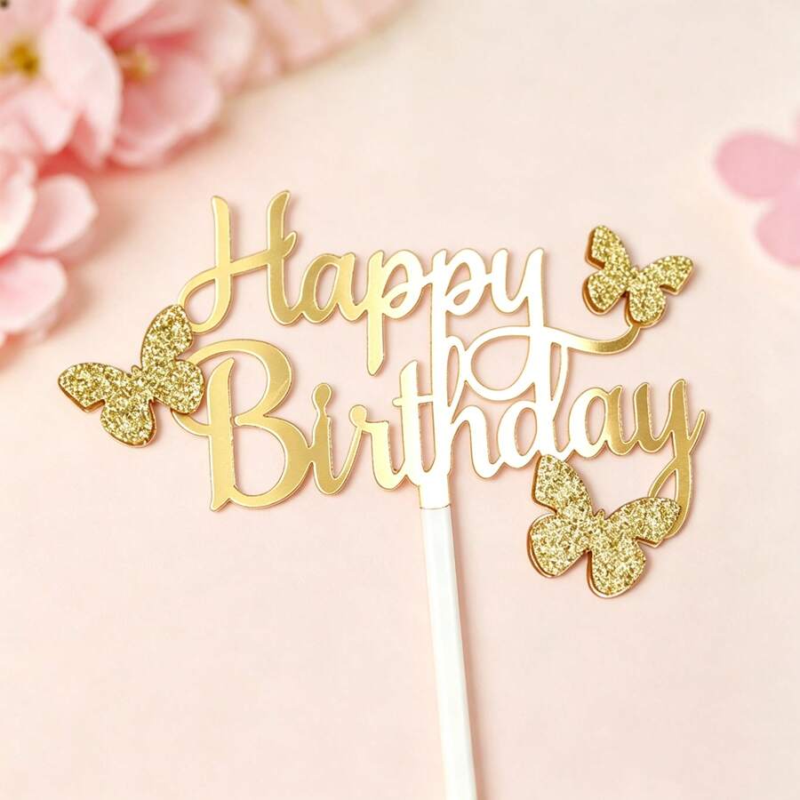 Set de 3 decoraciones de mariposas con brillo dorado para pastel, adecuado para decoración de fiesta de cumpleaños de niña - Multicolor - Ver 1
