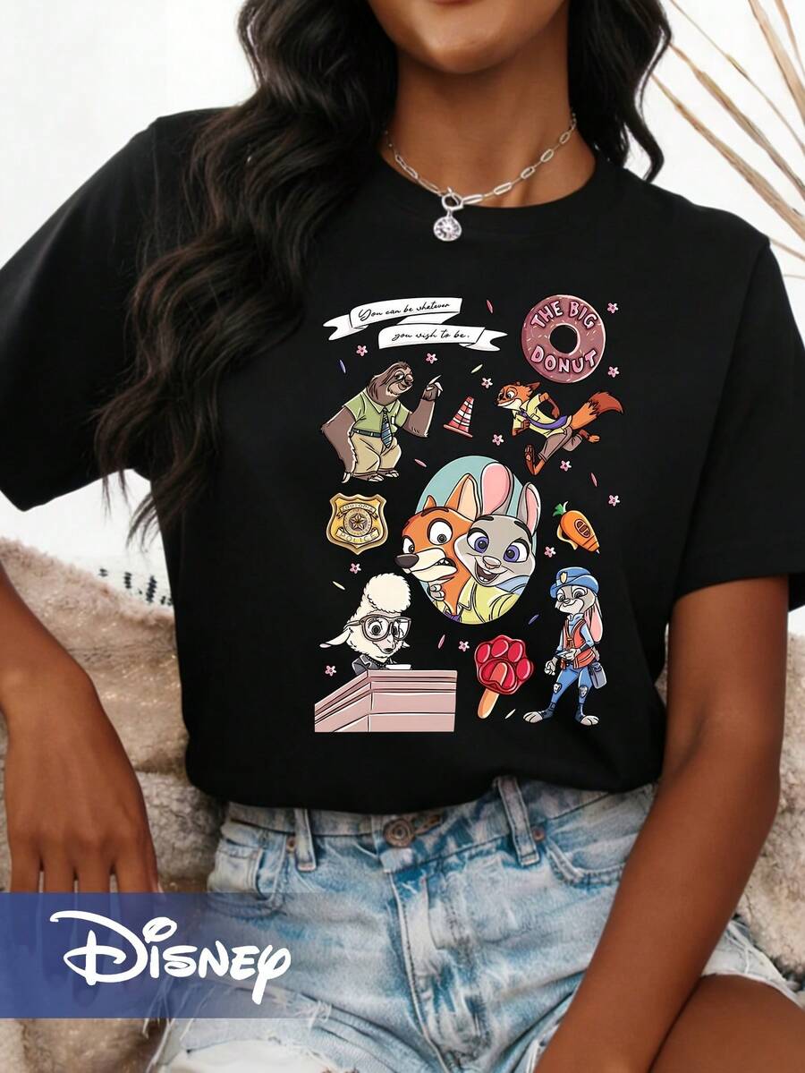 Disney Zootopia Characters Comfortable Round Neck Short Sleeve T-Shirt - 黑色 - 查看 1