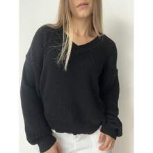 Knitted Blouse Sweater V Neck Knitting Fang Point Puff Sleeve Winter - màu đen - Xem 2