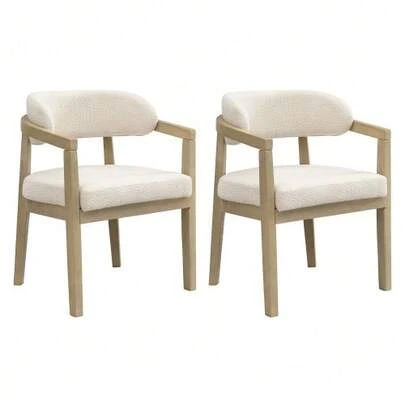 Two Solid Wood Dining Chairs, Comfortable And Breathable, Ideal For Dining Rooms, Living Rooms, And Cafes. Modern Style, Bouclé Fabric, Natural Color.