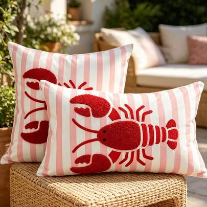 1 chiếc vỏ gối trang trí sọc thêu hình tôm hùm, dùng cho ghế bãi biển/sofa ngoài trời, trang trí kỳ nghỉ, phù hợp cho nhà ven biển, sân hiên ngoài trời, đồ nội thất mềm mùa hè.
