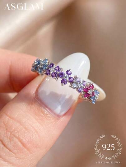 1 pieza Anillo de flor de circonita de colores, joyería de plata esterlina 925, joyería delicada para uso diario, adecuado como regalo de cumpleaños, baile de graduación o fiesta para niñas