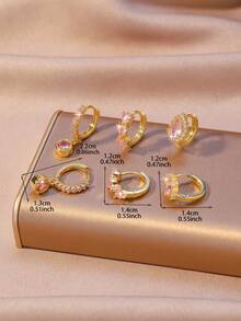 6件套时尚、优雅、简约、可爱的粉色锆石镶嵌水滴心形耳环，独特珠宝礼物，适合女孩、情人节、派对、暑假佩戴 - 粉色 - 查看 6