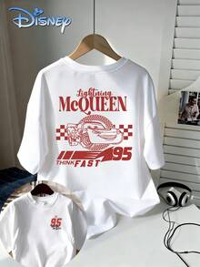 Unisex 100% Cotton T-Shirt For Teenagers. Disney Cars Lightning McQueen Line Drawing Retro Print. American Racing Style. 100% Pure Cotton, Breathable And Sweat-Absorbent. Loose, Drop-Shoulder Fit. Suitable For Racing Enthusiasts, Everyday Wear, School Uniforms, And Summer Unisex Crew Neck Short-Sleeved Top. - 白色 - 查看 1