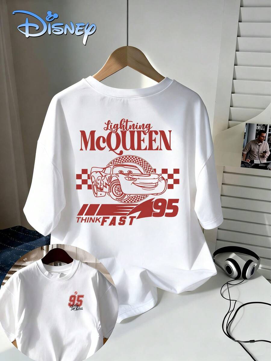 Unisex 100% Cotton T-Shirt For Teenagers. Disney Cars Lightning McQueen Line Drawing Retro Print. American Racing Style. 100% Pure Cotton, Breathable And Sweat-Absorbent. Loose, Drop-Shoulder Fit. Suitable For Racing Enthusiasts, Everyday Wear, School Uniforms, And Summer Unisex Crew Neck Short-Sleeved Top. - 白色 - 查看 1