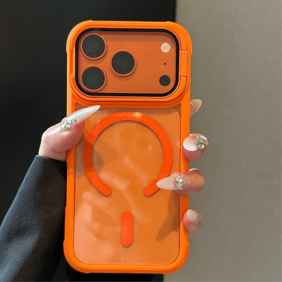 Étui de téléphone magnétique avec cadre de lentille de luxe, compatible avec iPhone 17 Pro Max/17/16/15/14 Plus/13/12 Pro Max/11, prend en charge la charge sans fil, cadre blindé résistant aux chocs, couvercle de protection transparent avec verre de lentille - Orange - Voir 1