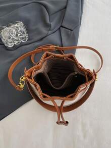 Bolso de cubo para mujer, bolso de hombro cruzado casual de paja con cordón - Marrón - Ver 11