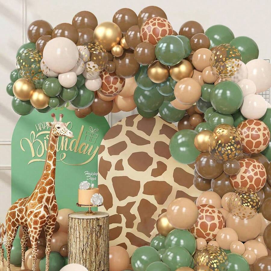 Juego de 97 piezas de guirnalda de globos con temática de parque de vida silvestre de la selva, globos verdes, café y con estampado animal. Globos de papel de aluminio y lentejuelas para fiestas de cumpleaños con temática de jirafa, decoraciones de baby shower, ceremonias de graduación y decoraciones de fiestas de baile - juego de globos - Ver 1