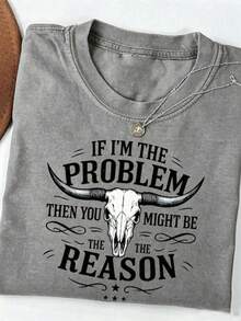 Unisex Washed Distressed T-Shirt Cotton Blend Casual Oversized Tee.Women'S Washed T-Shirt "If I Am Problem, Then You May Be The Reason" |   Weste - 灰色 - 查看 9