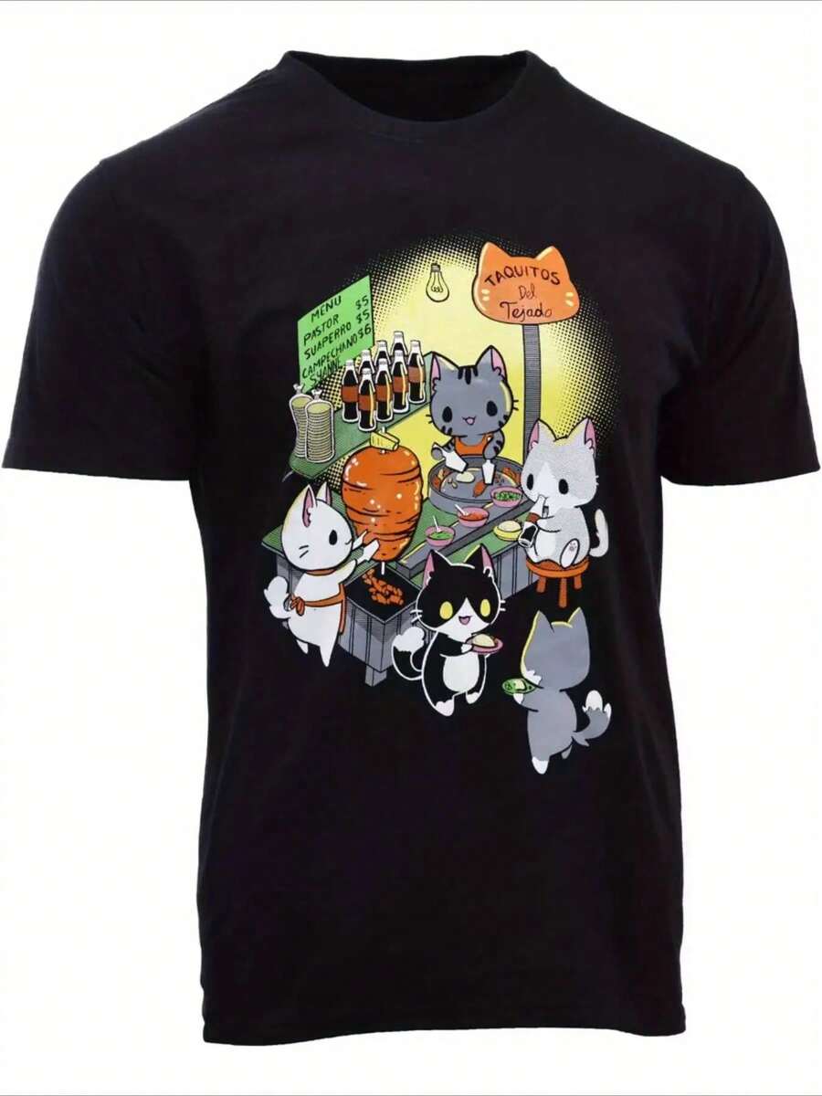 Talla unisexo. Camiseta de algodón de talla grande de verano para mujer. Hombres Dibujos animados Gato Imprimir Camiseta - 100% Grueso Tela, Juguetón Gato & Hongo Digital Diseño, Redondo Cuello Corto Manga para Senderismo Entrenamiento Informal Desgaste - Todo el año Comodidad, Máquina Lavable Unisexo Ajuste Transpirable Material de ropa exterior absorbente del sudor, suave y agradable para la piel. Tallas unisex - Negro - Ver 1