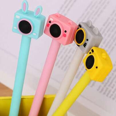 2支可爱动物造型卡通笔 - 随机款式 - 可爱韩式文具黑色中性笔 - 复古相机造型圆珠笔