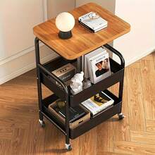 Carro de utilidad de metal de 3 niveles con ruedas trancables y superficie de madera - Diseño ahorrador de espacio para la organización de la cocina, la oficina y la habitación - Solución de almacenamiento móvil de alta calidad, carro de almacenamiento de cocina | Carro de utilidad moderno | Estructura de metal duradera, carro de utilidad para garaje - A - Ver 4