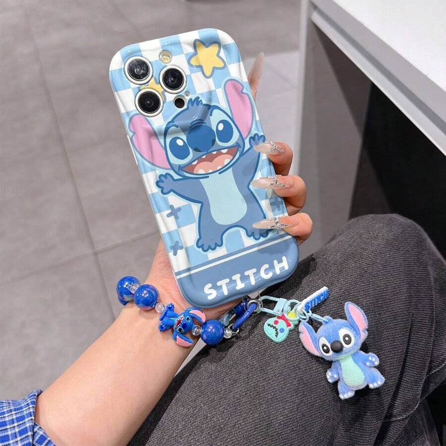 Disney Has Authorized, Phone Case - Chain Set, The Stitch Lilo & Stitch Phone Case Plus A Silicone 3D Or Fluffy Style Stitch Bracelet With Metallic Ring Removable Bracelet, Stitch And Angel Pattern, Compatible With Iphone 17/16/15/14/13/12/11/XS/XR/X Plus Pro Max, Wavy Design Phone Case For Girl, A Stylish Cartoon Summer Phone Case, The Perfect Gift Choice, Phone Protection, Durable Phone Cover, Great Gift For Friends And Family - White Style B - View 1