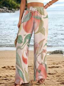 Vintage Peach Tree Print Women Summer Wide Leg Pants Watercolor Fruit Botanical Graphic Palazzo Pants For Women's Casual Outfit - 彩色 - 查看 3