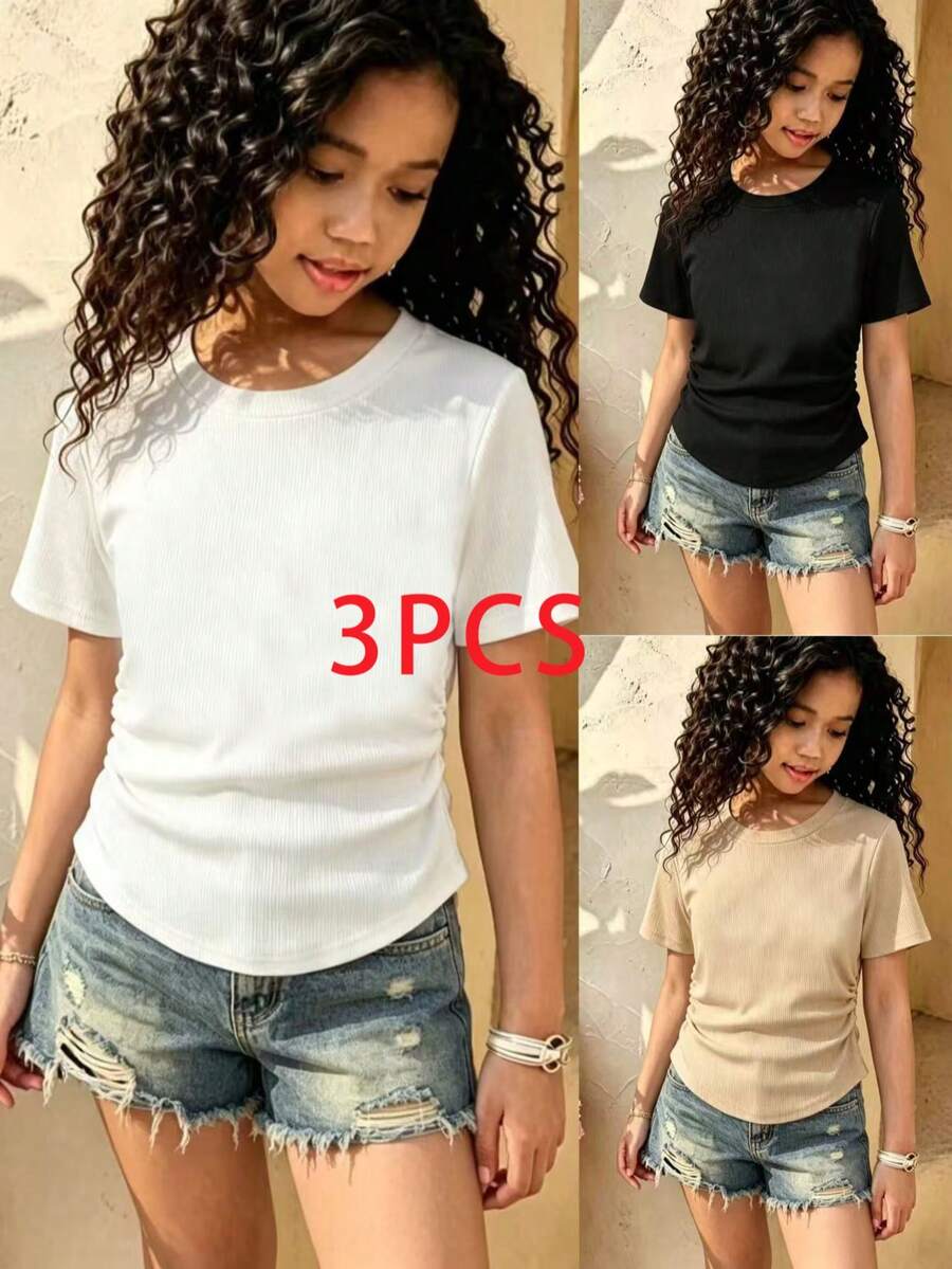 3 áo thun ngắn tay cổ tròn co giãn cho bé gái, thích hợp cho mùa hè. - Nhiều màu - Xem 1