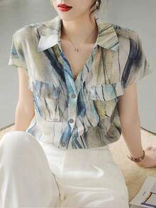Plus Size Women's Shirt, Summer Casual Short Sleeve Flowing Shirt, Fashionable Printed Shirt, Women's Elegant Shirt, Versatile For Shopping And Travel Vacation - Mixed Color - View 8