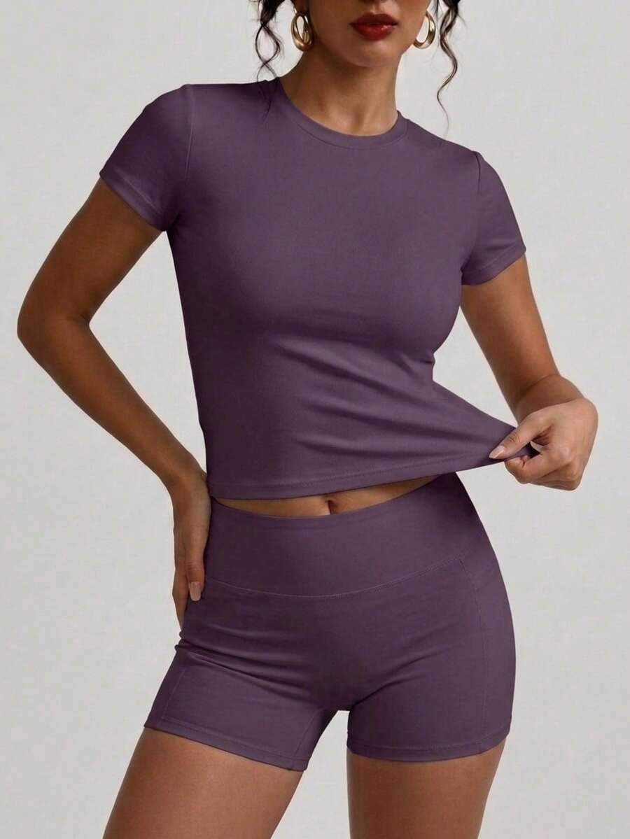 FWH Essential 2 Pieces Set, High-Waisted Tummy Control Shorts + Round Neck Top, Shaping Shorts With Hidden Pockets + Slim Fit T-Shirt Summer - Purple - View 1