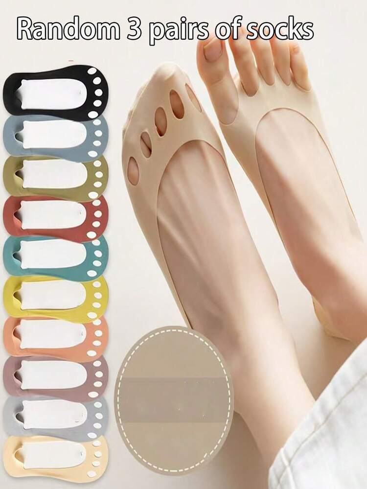 3/5/7 Pairs Random Color Women Thin Five Finger Socks, Invisible Socks With Silicone Non-Slip Heel & Toe - Multicolor - View 5