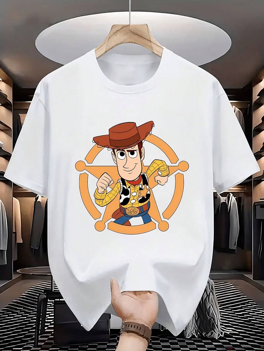 (Disney Licensed)Disney Toy Story Woody Cowboy Sheriff Star Badge Front Print Men's Oversized Crew Neck Short Sleeve Graphic T-Shirt, Retro Western Casual Streetwear Tee For Men Summer Daily Wear, Disney Officially Authorized Men's Short-Sleeved T-Shirts, Mens Clothes, Men, Ropa De Hombre, Summer Clothes, Men Shirts, Graphic Tees, Disney Outfits Men, Graphic Tees, Camisetas Para Hombre, Camisas Para Hombre, Summer Outfits For Men, Father's Day Gift, Perfect Gift For Family And Friends, Which Are Necessary For Birthday Parties, Disney Shirts, Mens Clothes, Summer Clothes, Officially Licensed Disney T-Shirts, Disney Men's And Women's Spring/Summer Fashion Casual Short-Sleeve T-Shirts - White - View 1