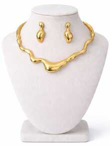 Conjunto Feminino Colar + Brincos Ondulados – Estilo Luxo Minimalista Dourado/Prata - Dourado - Visão 8
