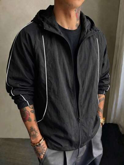 1pc Men's Black Crinkle Textured Hooded Zip-Up Jacket, Lightweight Breathable Perforated Nylon Fabric, Comfortable Minimalist Vintage Style Casual Outerwear, Suitable For Spring/Summer Outdoor Wear