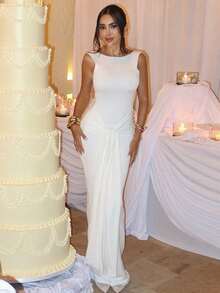 Solid Color Elegant Knitwear Twist Back Dress, Formal Party Wedding Autumn White Summer - White - View 3
