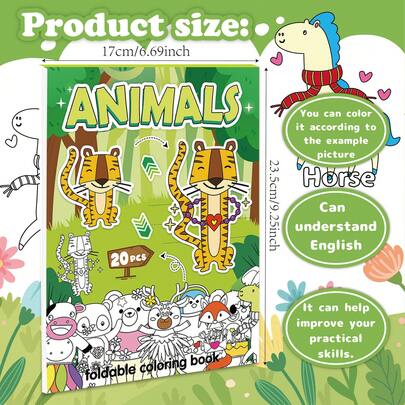 20 Sheets Animal Coloring Book, Foldable Animal Origami DIY Cartoon Educational Coloring Book, Stimulate Imagination And Creativity, Fun Doodle Painting Activity Book, Suitable For Teenagers And Adults, Great Gift For Stationery, School Supplies, Girls, Weddings, Mother's Day