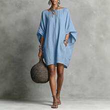 2026 European And American Spring/Summer Casual Fashion Imitation Cotton-Linen Batwing Loose Dress - Đỏ - Xem 9