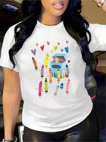 Camiseta de verano de algodón de talla grande para mujer. Talla unisex. Camiseta casual de verano para mujer YOCASA con cuello redondo, manga corta ajustada y estampado de pintura al óleo, flores, corazones, cerezas y letras. Tela sencilla y casual, estilo deportivo, ideal para uso diario y citas de San Valentín. 1 pc,  Pure Heavy, 95% Polyester 5% SpandexMaterial absorbente del sudor, suave y agradable para la piel. - Blanco - Ver 6