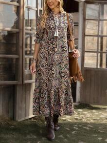 Vestido con mangas medias de estilo bohemio con estampado para mujeres, vestido largo holgado con volantes de estilo bohemio, vestido largo de mujer con estampado todo sobre, uso casual diario, primavera/otoño - Multicolor 3 - Ver 6
