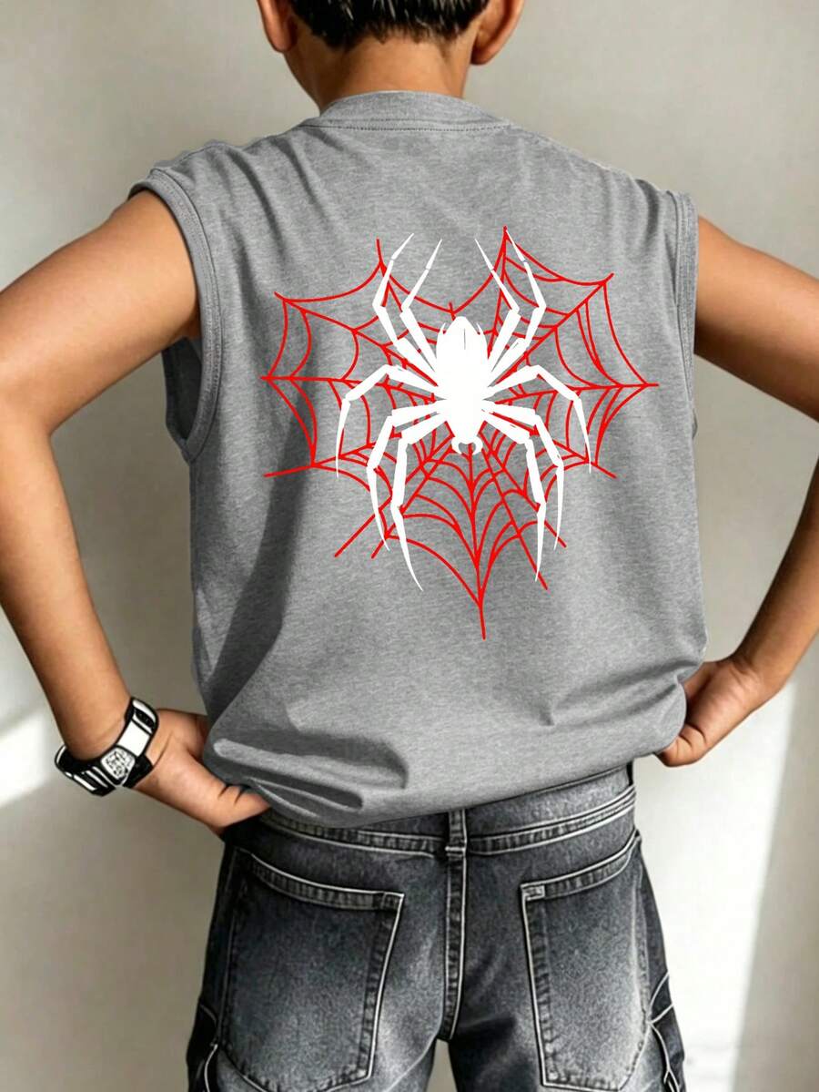 Áo tank top không tay cổ tròn dáng casual dành cho nam thiếu niên, họa tiết mạng nhện và hình nhện. - Màu Xám nhạt - Xem 1