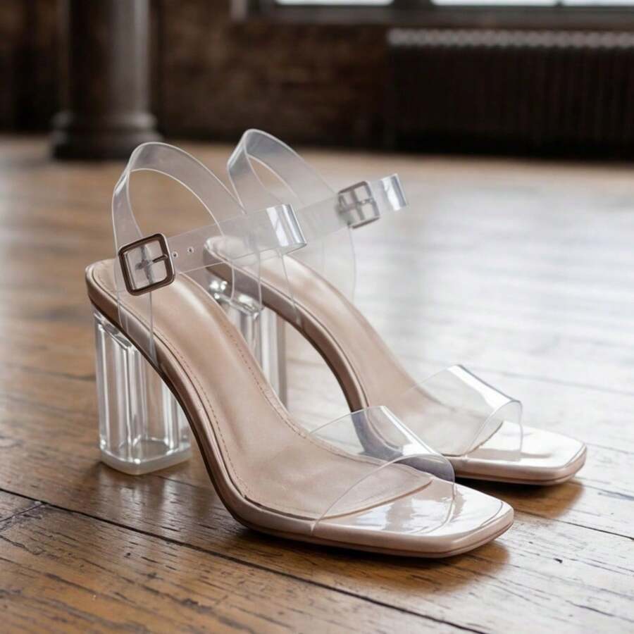 Women's High Heels, Transparent Crystal Chunky Heel Sandals, Adjustable Ankle Strap, Crystal Shoes, Elegant And Fashionable Style, Suitable For Everyday Wear, Banquets, Dances, Parties, Local Warehouse Shipping. - Màu be - Xem 1