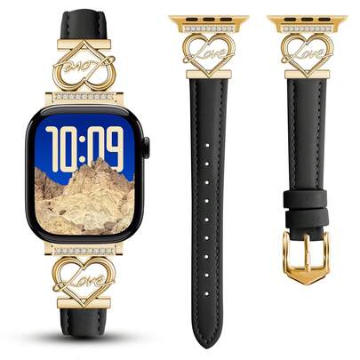 Correa de cuero elegante y delgada compatible con Apple Watch Bandas de 38 mm, 40 mm, 41 mm, 42 mm, 44 mm, 45 mm, 46 mm, 49 mm con pulsera con forma de corazón para relojes I Watch Series 11, 10, 9, 8, 7, 6, 5, 4, SE, 3, 2, 1. Compatibilidad y tamaño: Esta linda correa de cuero es compatible con todos los modelos de , incluyendo Series 11/10 (42 mm/46 mm), Ultra 3/2/1 (49 mm), Series 9/8/7 (41 mm/45 mm), Series SE/6/5/4 (40 mm/44 mm) y Series 3/2/1 (38 mm/42 mm); se ajusta a muñecas de 5.3" a 7.4"