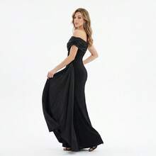 Sexy Black Off Shoulder Dress Long Slimming Fit Y2K Retro Womens Wedding Guest Evening Dress Elegant Fashionable New Style - 黑色 - 查看 6