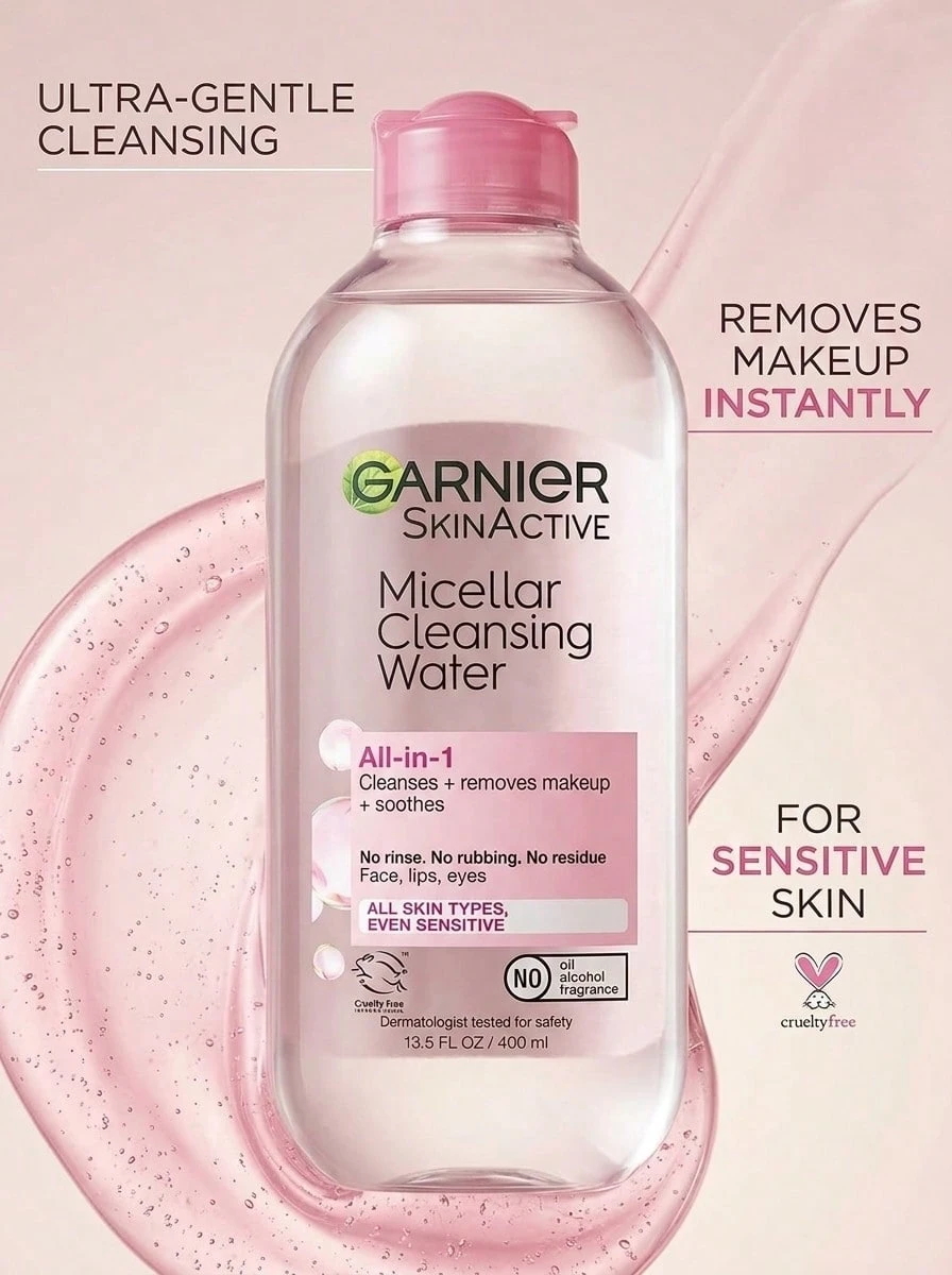 Garnier 胶束清洁水多效合一卸妆液 13.5 盎司/400 毫升 轻松去除污垢和油脂，令肌肤清爽柔软，不粘腻，无需冲洗，适合日常使用 女朋友 妻子 母亲 朋友 生日 毕业派对 旅行 露营 户外 学校 校园旅行 节日 周年纪念 秋季 秋季 万圣节 秋季外观 自然类型 清爽舒适 - 彩色 - 查看 1